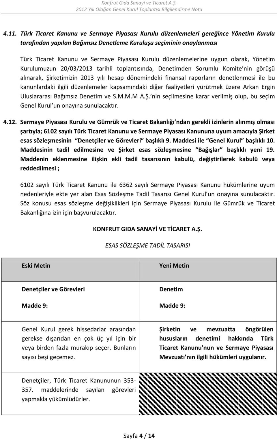 raporların denetlenmesi ile bu kanunlardaki ilgili düzenlemeler kapsamındaki diğer faaliyetleri yürütmek üzere Arkan Ergin Uluslararası Bağımsız Denetim ve S.M.M.M A.Ş.