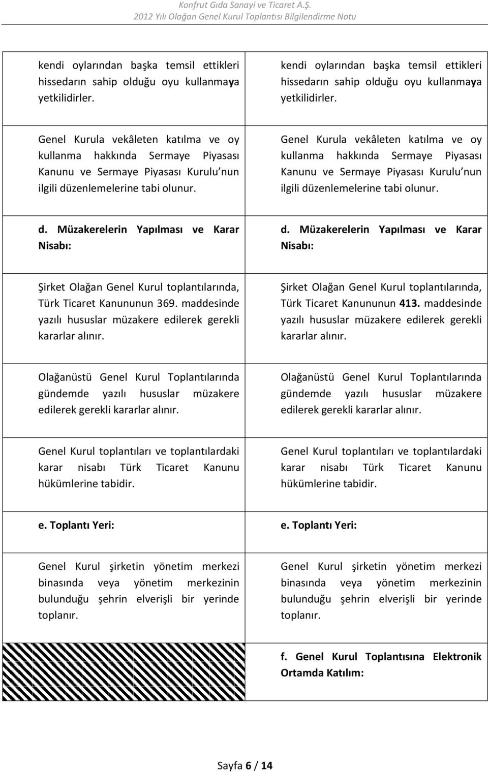 d. Müzakerelerin Yapılması ve Karar Nisabı: d. Müzakerelerin Yapılması ve Karar Nisabı: Şirket Olağan Genel Kurul toplantılarında, Türk Ticaret Kanununun 369.