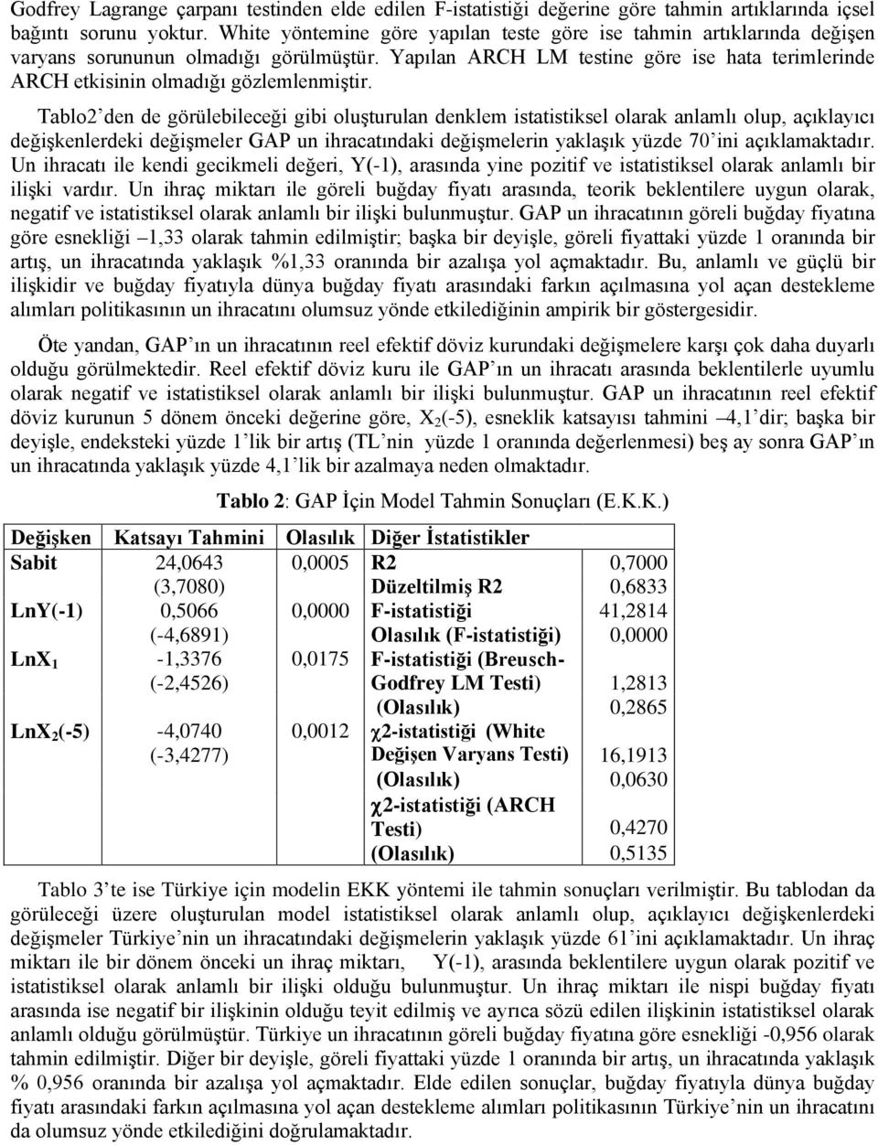 Yapılan ARCH LM testine göre ise hata terimlerinde ARCH etkisinin olmadığı gözlemlenmiştir.