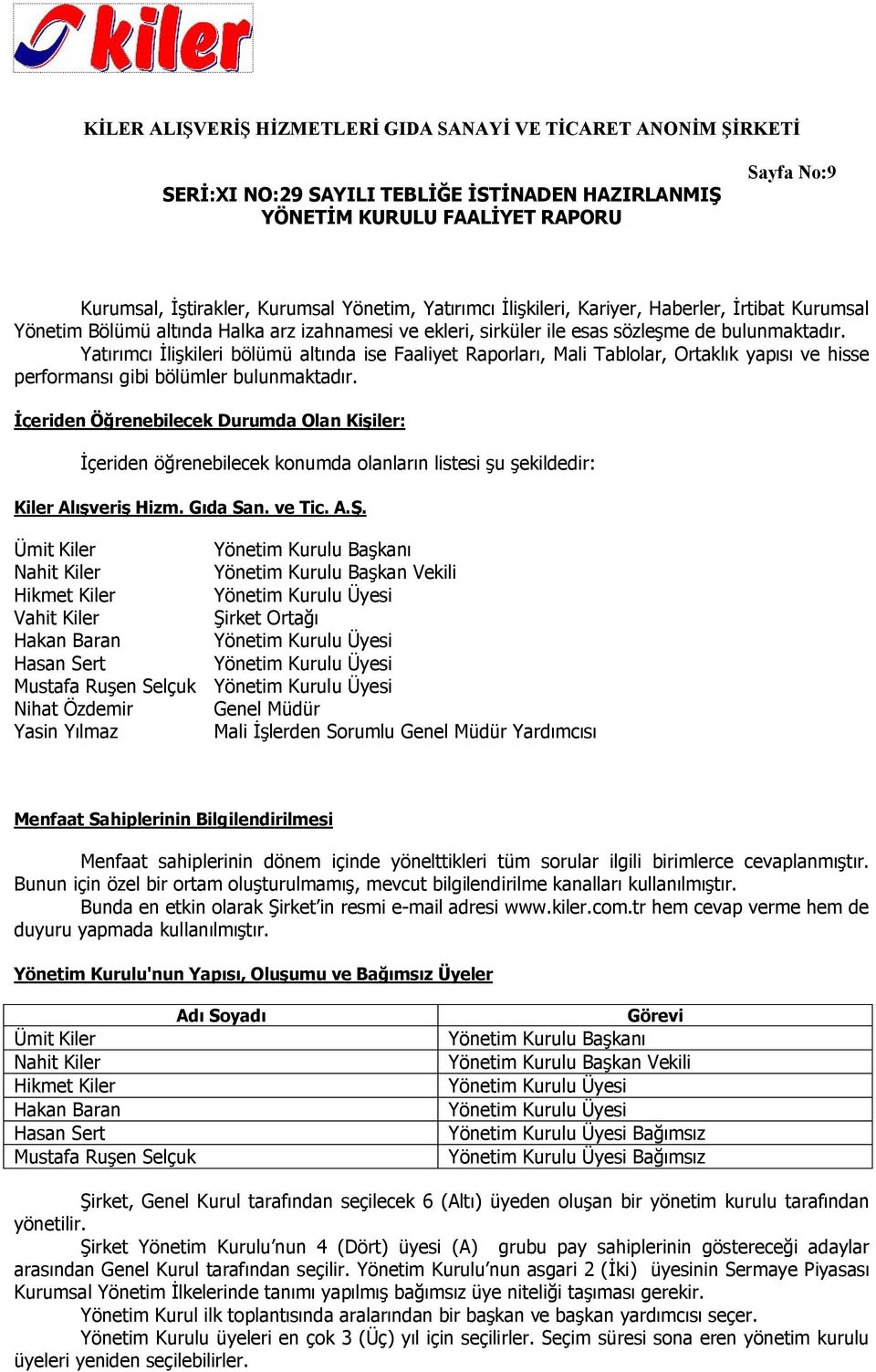 İçeriden Öğrenebilecek Durumda Olan Kişiler: İçeriden öğrenebilecek konumda olanların listesi şu şekildedir: Kiler Alışveriş Hizm. Gıda San. ve Tic. A.Ş.