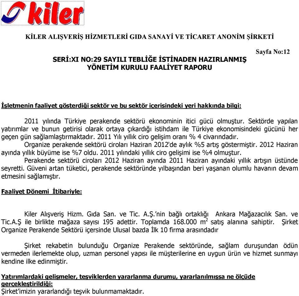 2011 Yılı yıllık ciro gelişim oranı % 4 civarındadır. Organize perakende sektörü ciroları Haziran 2012'de aylık %5 artış göstermiştir. 2012 Haziran ayında yıllık büyüme ise %7 oldu.