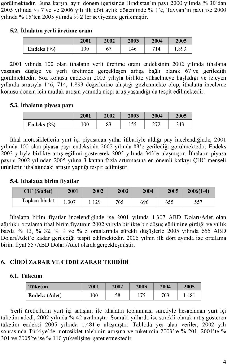 ler seviyesine gerilemiştir. 5.2. İthalatın yerli üretime oranı 2001 2002 2003 2004 2005 Endeks (%) 100 67 146 714 1.