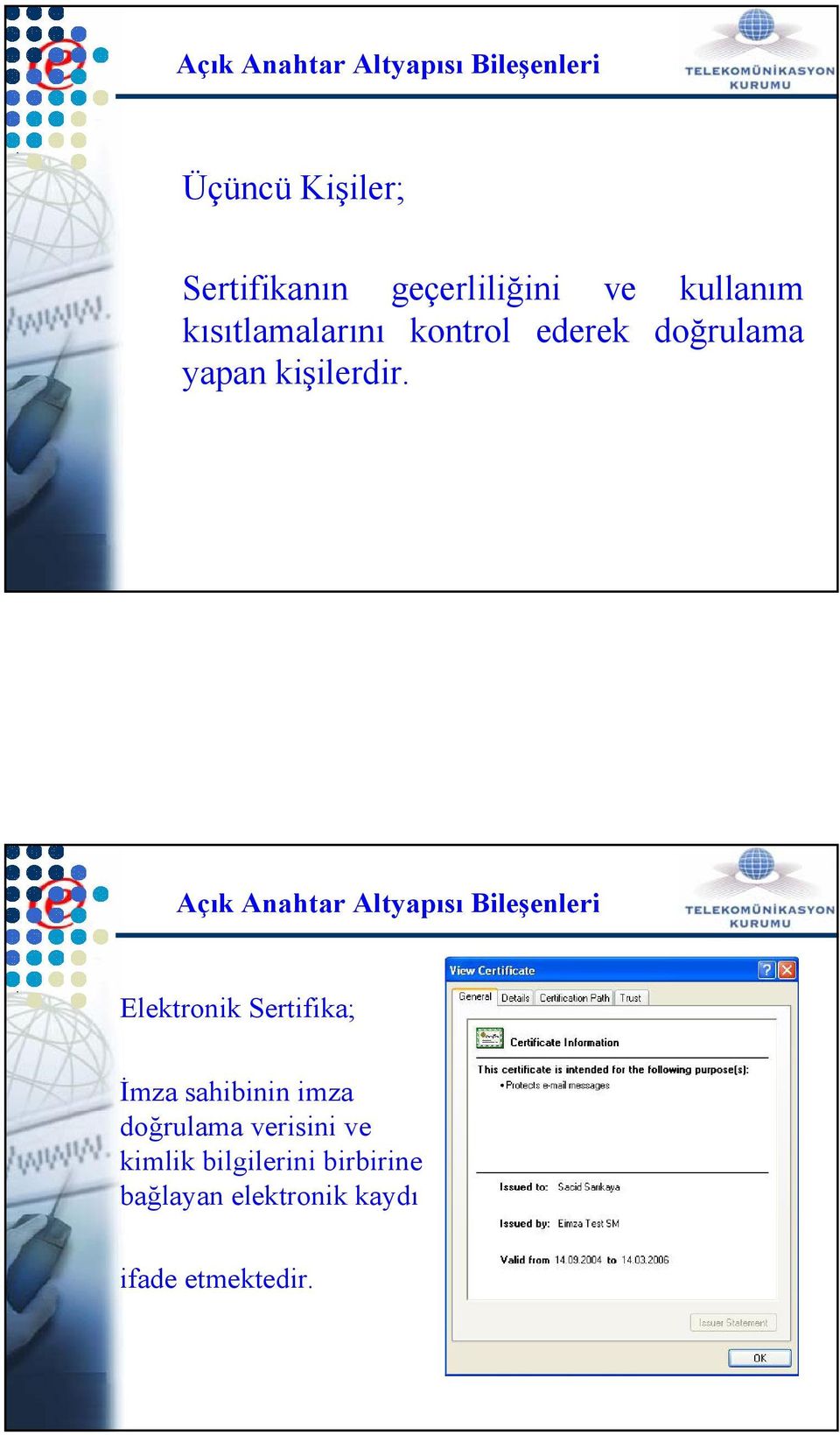 Açık Anahtar Altyapısı Bileşenleri Elektronik Sertifika; İmza sahibinin imza