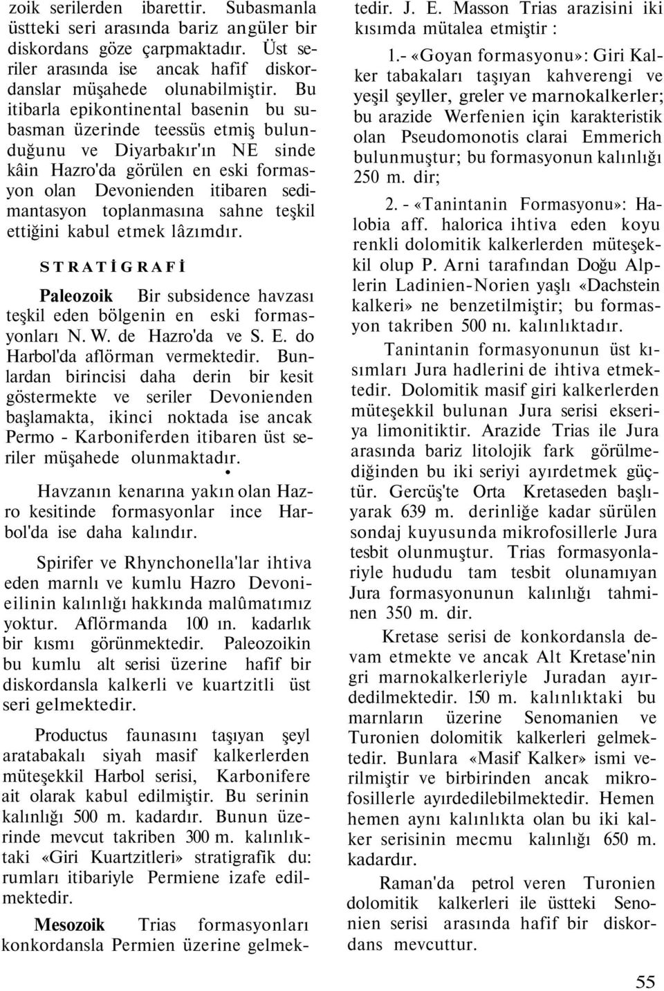 toplanmasına sahne teşkil ettiğini kabul etmek lâzımdır. STRATİGRAFİ Paleozoik Bir subsidence havzası teşkil eden bölgenin en eski formasyonları N. W. de Hazro'da ve S. E.