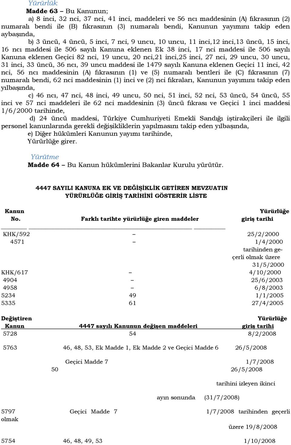 Geçici 82 nci, 19 uncu, 20 nci,21 inci,25 inci, 27 nci, 29 uncu, 30 uncu, 31 inci, 33 üncü, 36 ncı, 39 uncu maddesi ile 1479 sayılı Kanuna eklenen Geçici 11 inci, 42 nci, 56 ncı maddesinin (A)