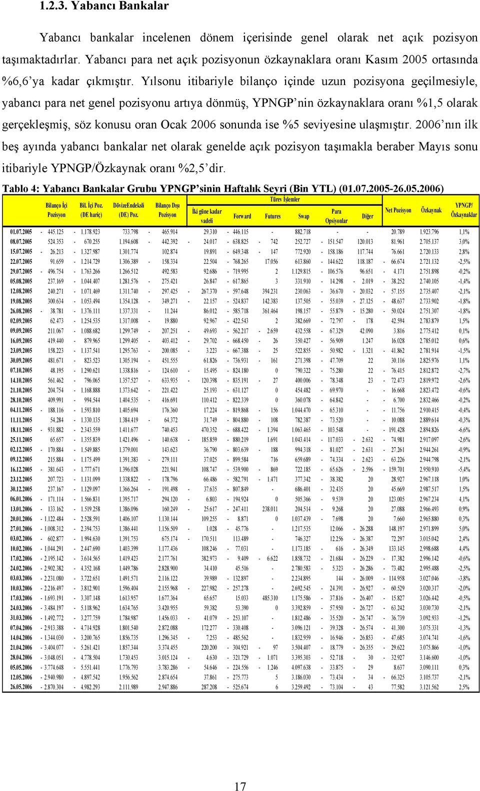 Yılsonu itibariyle bilanço içinde uzun pozisyona geçilmesiyle, yabancı para net genel pozisyonu artıya dönmüş, YPNGP nin özkaynaklara oranı %1,5 olarak gerçekleşmiş, söz konusu oran Ocak 2006 sonunda