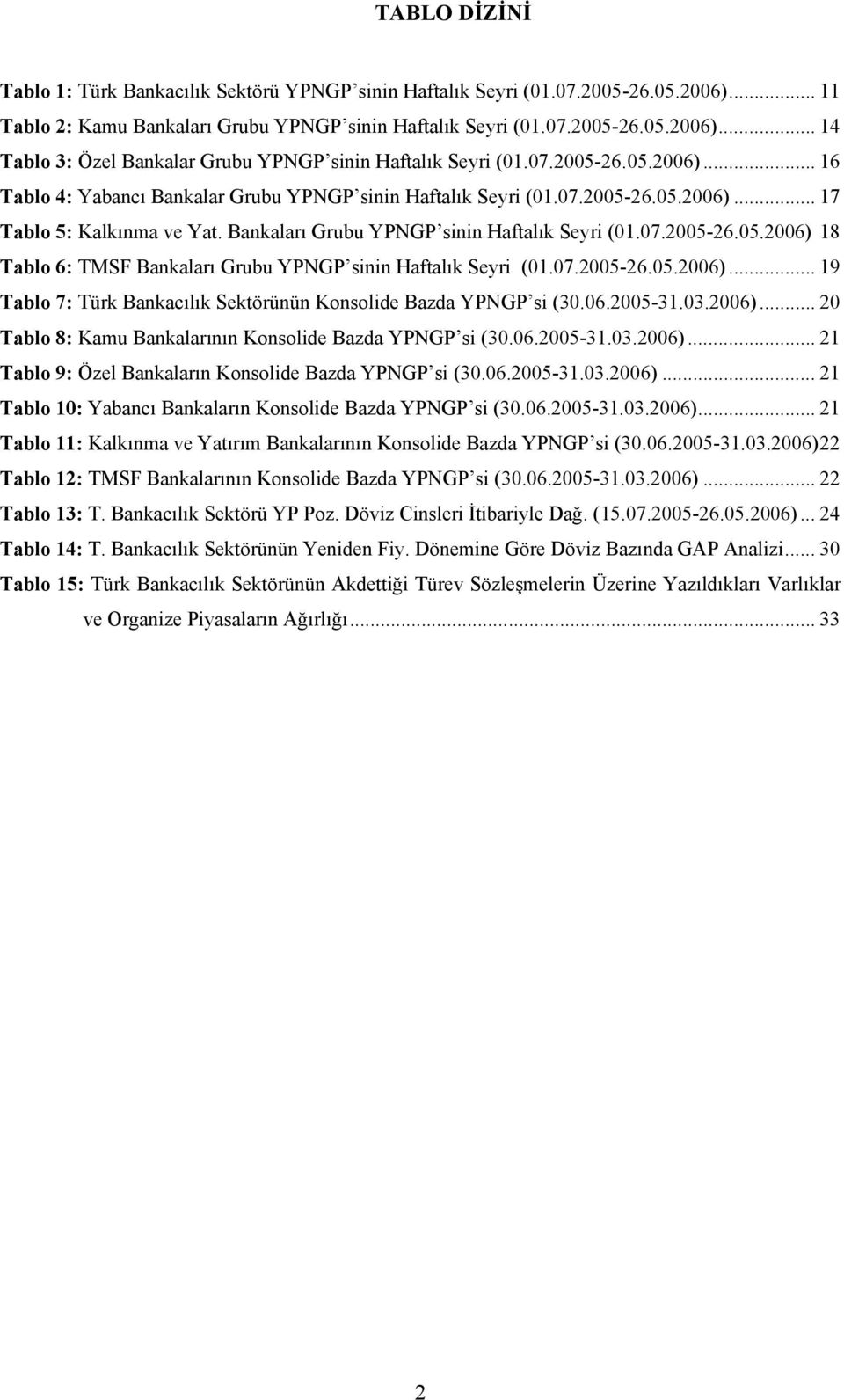 07.2005-26.05.2006)... 19 Tablo 7: Türk Bankacılık Sektörünün Konsolide Bazda YPNGP si (30.06.2005-31.03.2006)... 20 Tablo 8: Kamu Bankalarının Konsolide Bazda YPNGP si (30.06.2005-31.03.2006)... 21 Tablo 9: Özel Bankaların Konsolide Bazda YPNGP si (30.