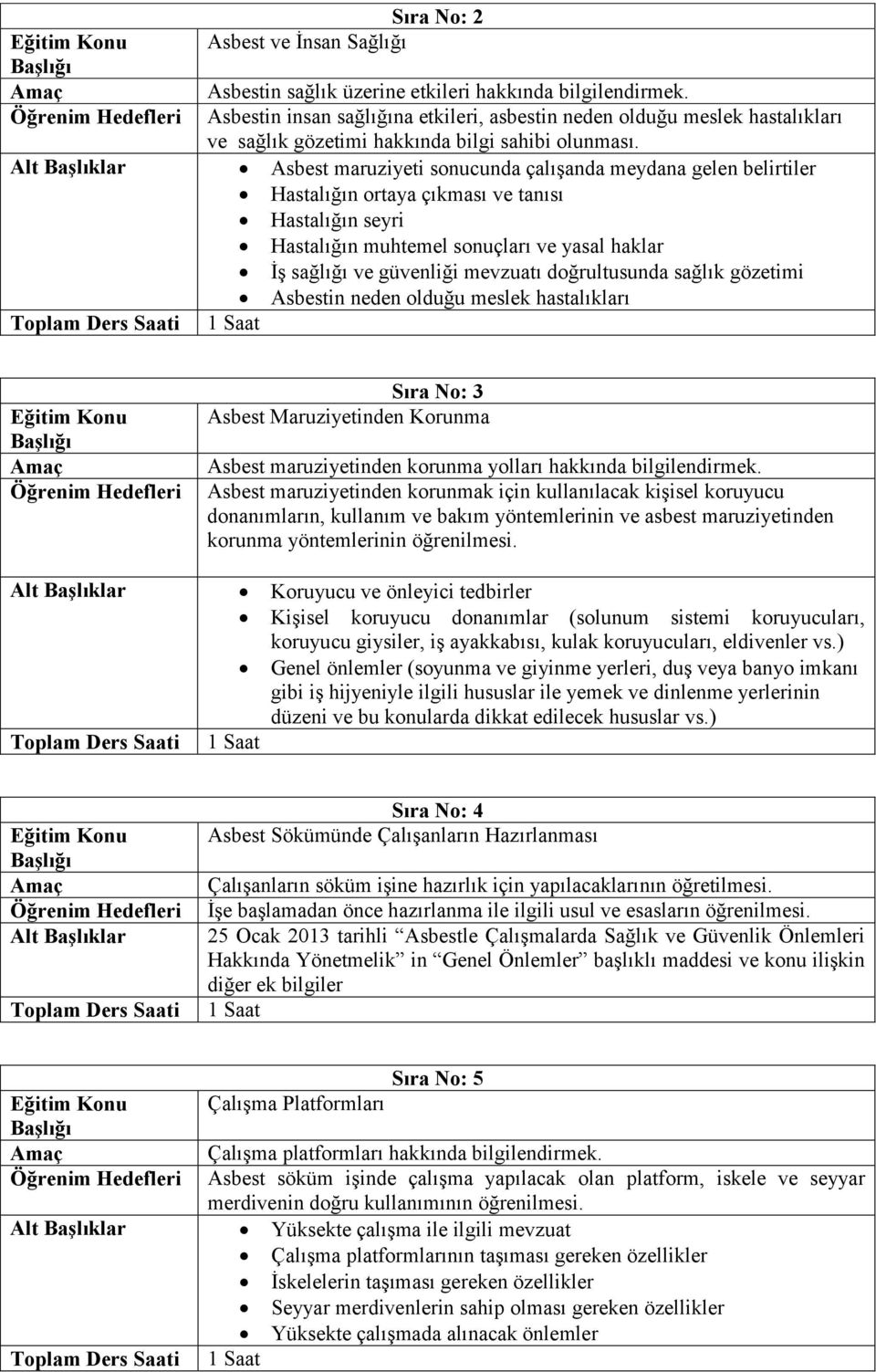 Alt Başlıklar Asbest maruziyeti sonucunda çalışanda meydana gelen belirtiler Hastalığın ortaya çıkması ve tanısı Hastalığın seyri Hastalığın muhtemel sonuçları ve yasal haklar İş sağlığı ve güvenliği