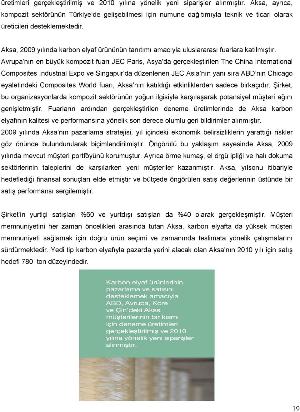 Aksa, 2009 yılında karbon elyaf ürününün tanıtımı amacıyla uluslararası fuarlara katılmıştır.