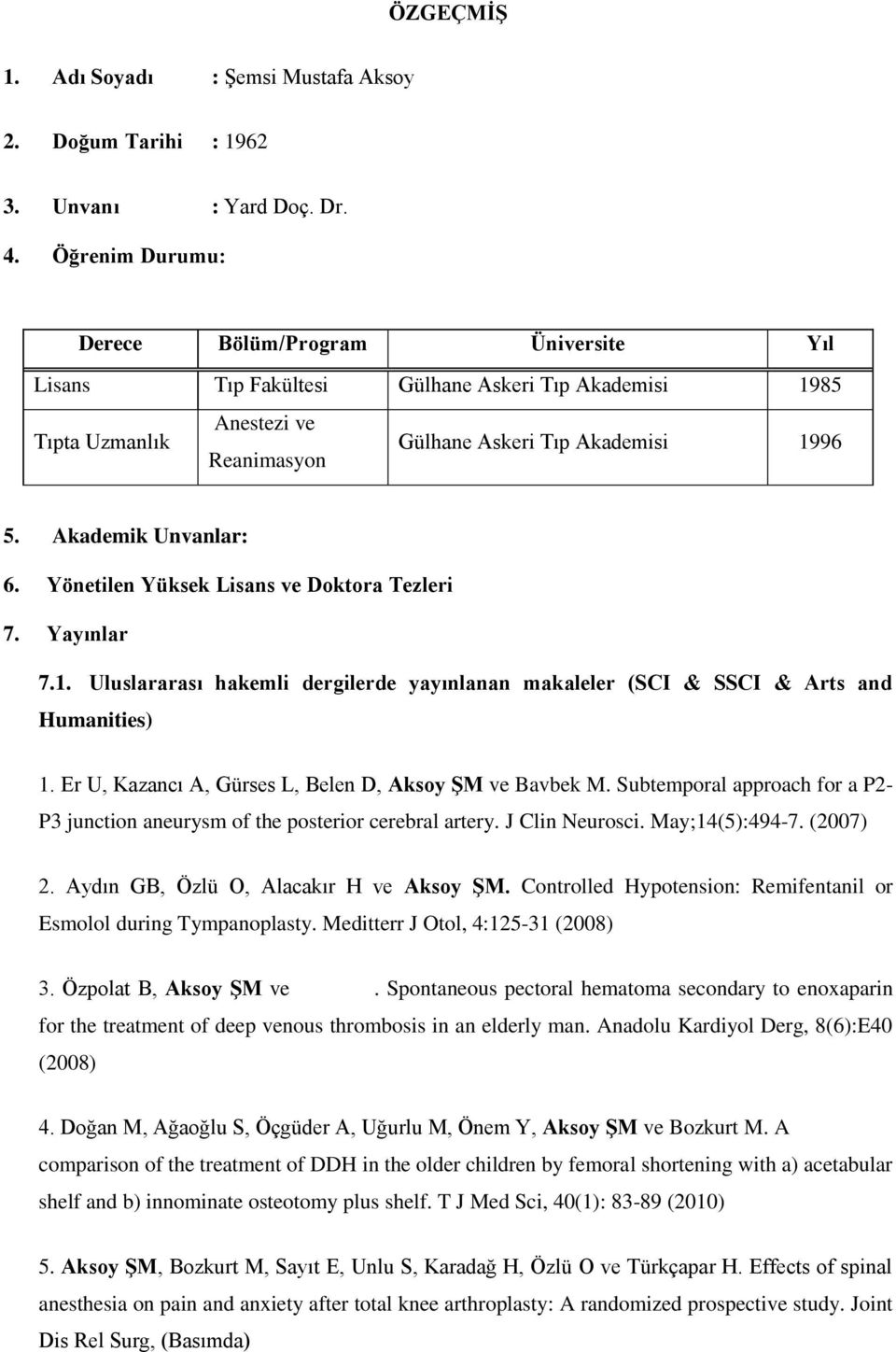 Akademik Unvanlar: 6. Yönetilen Yüksek Lisans ve Doktora Tezleri 7. Yayınlar 7.1. Uluslararası hakemli dergilerde yayınlanan makaleler (SCI & SSCI & Arts and Humanities) 1.