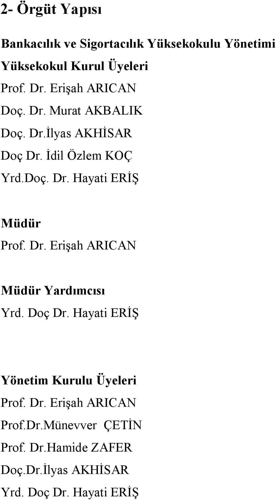 Dr. Erişah ARICAN Müdür Yardımcısı Yrd. Doç Dr. Hayati ERİŞ Yönetim Kurulu Üyeleri Prof. Dr. Erişah ARICAN Prof.