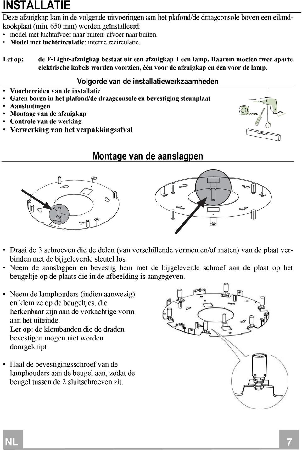 Daarom moeten twee aparte elektrische kabels worden voorzien, één voor de afzuigkap en één voor de lamp.