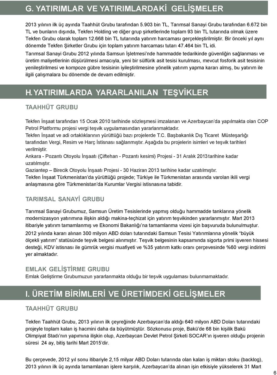 668 bin TL tutarında yatırım harcaması gerçekleştirilmiştir. Bir önceki yıl aynı dönemde Tekfen Şirketler Grubu için toplam yatırım harcaması tutarı 47.464 bin TL idi.