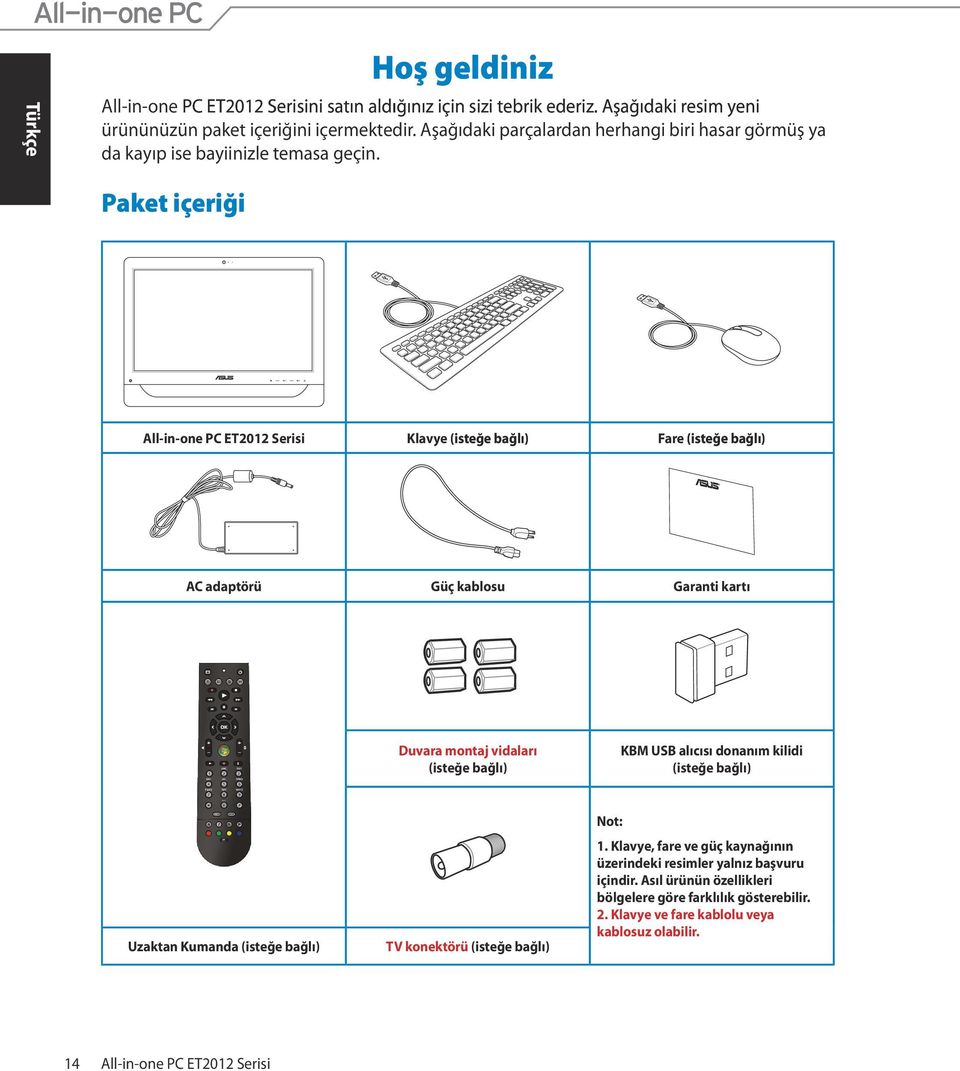 Paket içeriği Klavye (isteğe bağlı) Fare (isteğe bağlı) AC adaptörü Güç kablosu Garanti kartı Duvara montaj vidaları (isteğe bağlı) KBM USB alıcısı donanım kilidi (isteğe