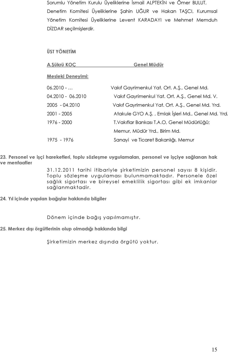 2010 Vakıf Gayrimenkul Yat. Ort. A.Ş., Genel Md. Yrd. 2001-2005 Atakule GYO A.Ş., Emlak İşleri Md., Genel Md. Yrd. 1976-2000 T.Vakıflar Bankası T.A.O, Genel Müdürlüğü; Memur, Müdür Yrd., Birim Md.