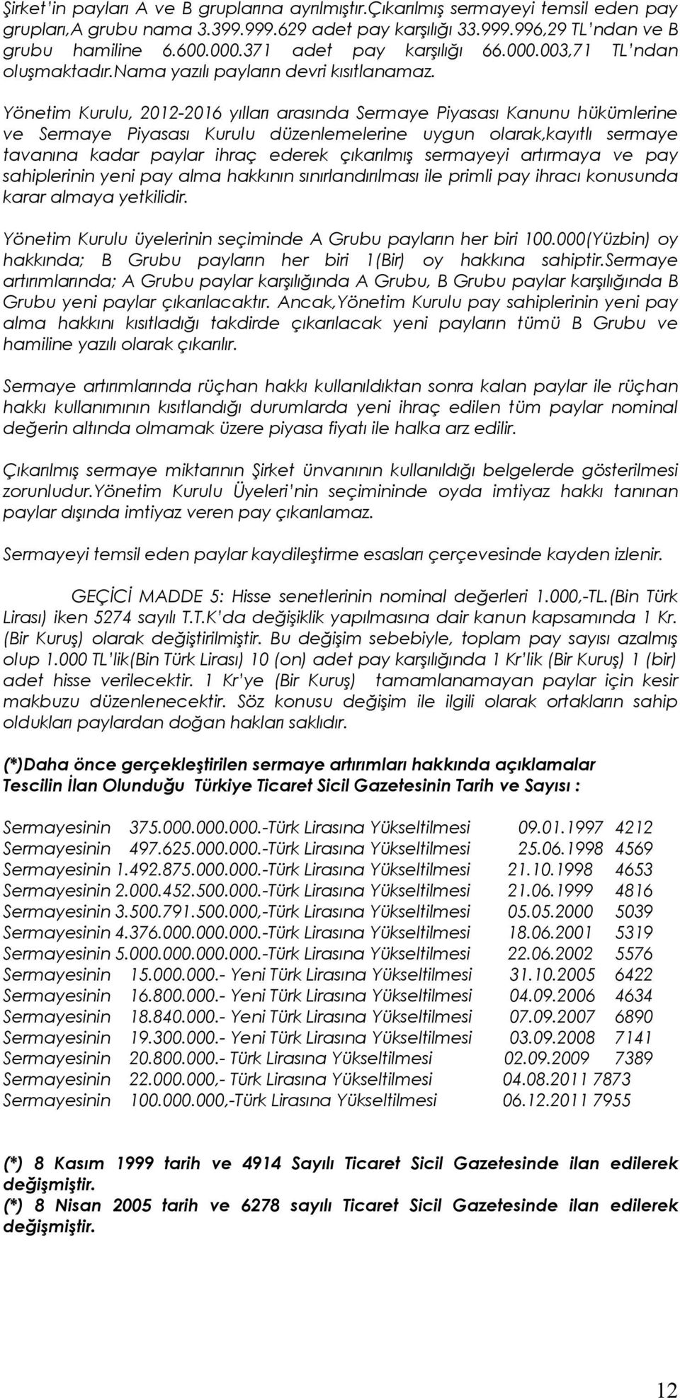 Yönetim Kurulu, 2012-2016 yılları arasında Sermaye Piyasası Kanunu hükümlerine ve Sermaye Piyasası Kurulu düzenlemelerine uygun olarak,kayıtlı sermaye tavanına kadar paylar ihraç ederek çıkarılmış