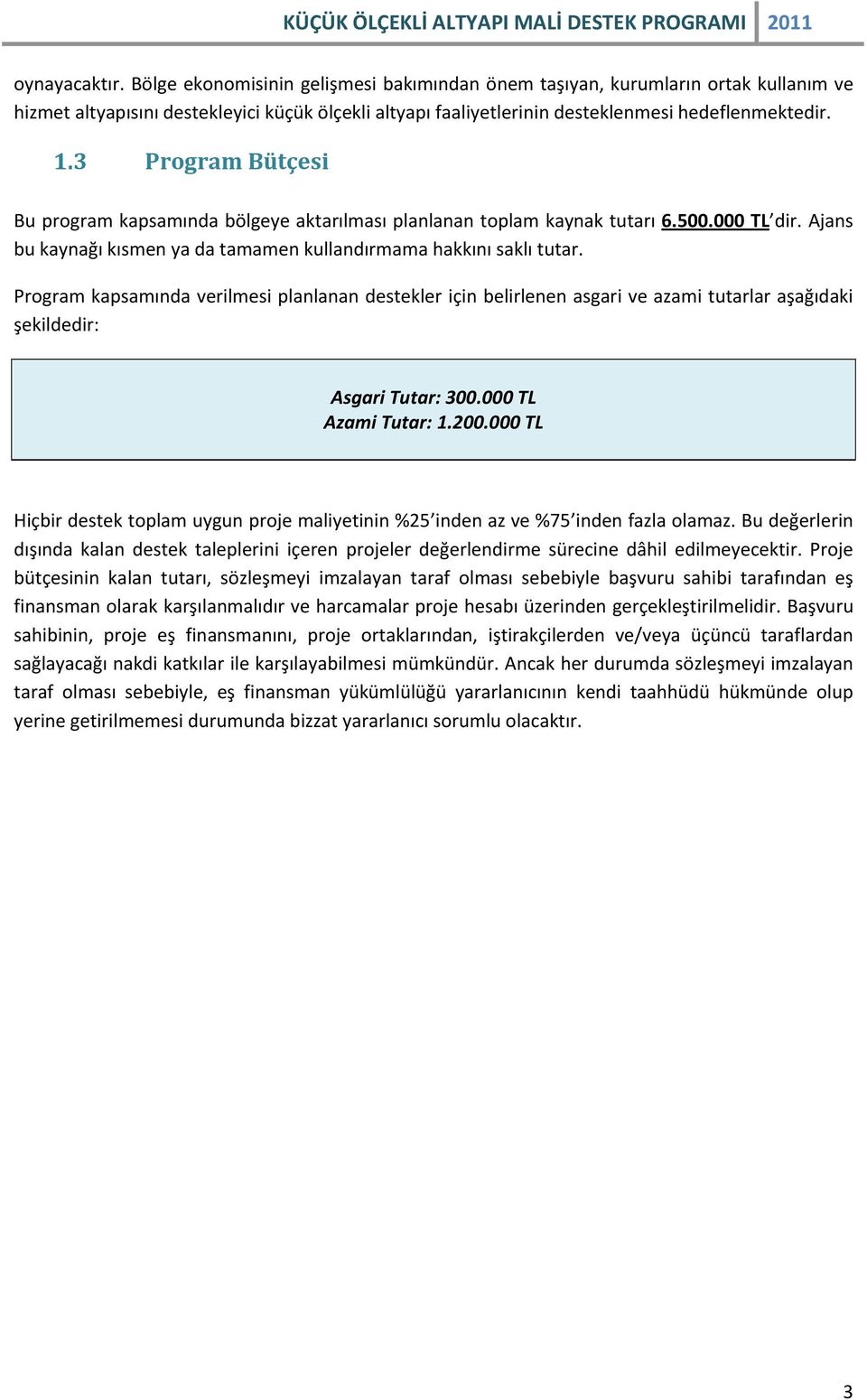 Program kapsamında verilmesi planlanan destekler için belirlenen asgari ve azami tutarlar aşağıdaki şekildedir: Asgari Tutar: 300.000 TL Azami Tutar: 1.200.