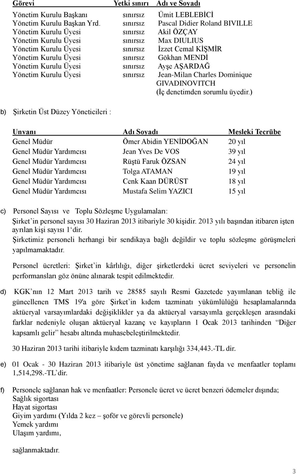 Gökhan MENDİ Yönetim Kurulu Üyesi sınırsız Ayşe AŞARDAĞ Yönetim Kurulu Üyesi sınırsız Jean-Milan Charles Dominique GIVADINOVITCH (İç denetimden sorumlu üyedir.