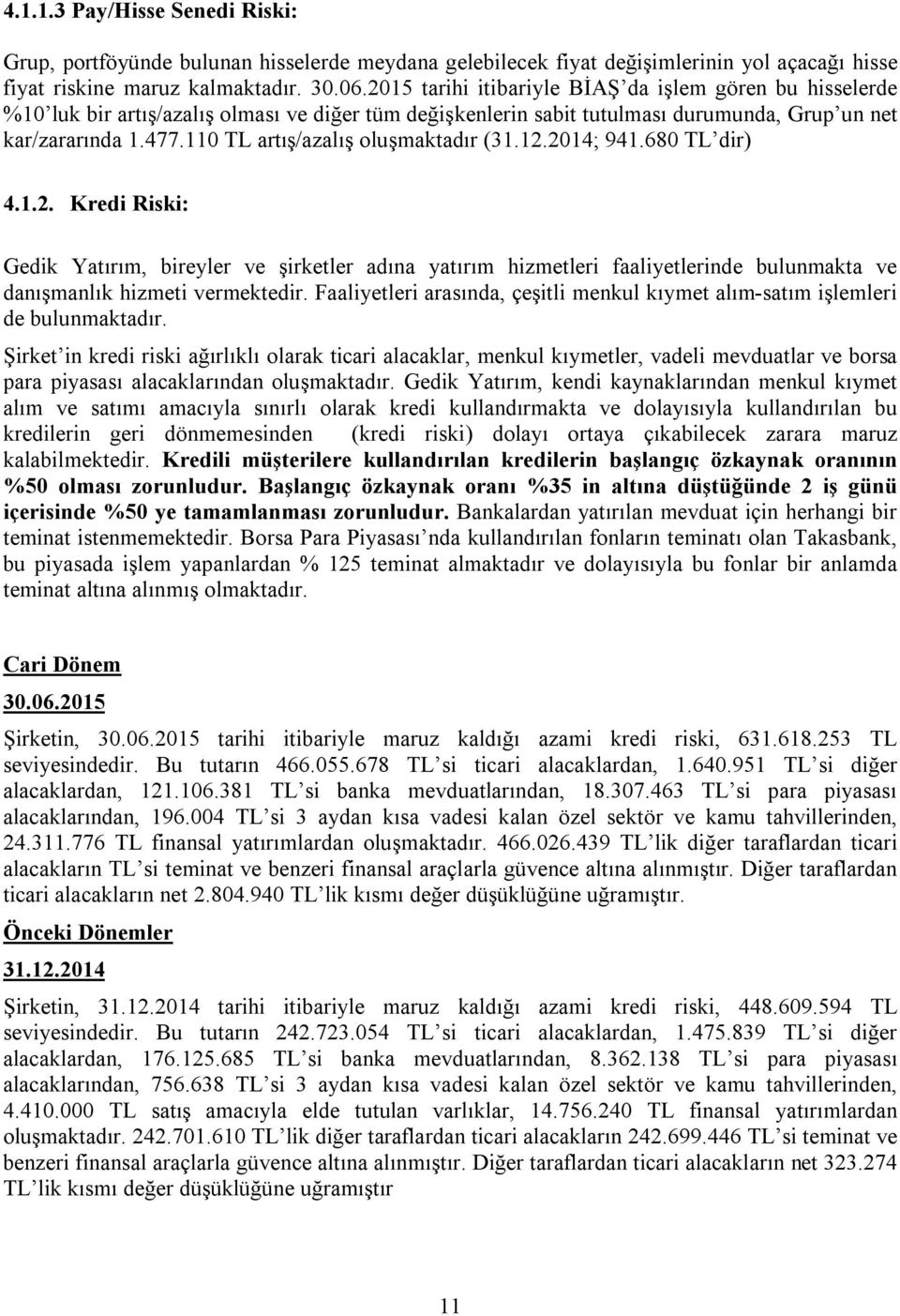 110 TL artış/azalış oluşmaktadır (31.12.2014; 941.680 TL dir) 4.1.2. Kredi Riski: Gedik Yatırım, bireyler ve şirketler adına yatırım hizmetleri faaliyetlerinde bulunmakta ve danışmanlık hizmeti vermektedir.