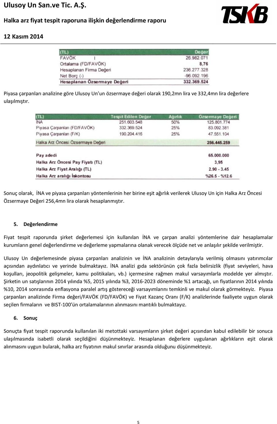 Değerlendirme Fiyat tespit raporunda şirket değerlemesi için kullanılan İNA ve çarpan analizi yöntemlerine dair hesaplamalar kurumların genel değerlendirme ve değerleme yapmalarına olanak verecek