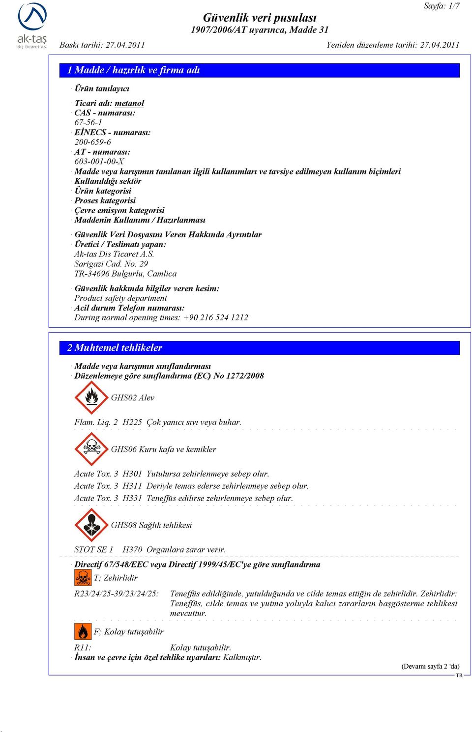 Üretici / Teslimatı yapan: Ak-tas Dis Ticaret A.S. Sarigazi Cad. No.