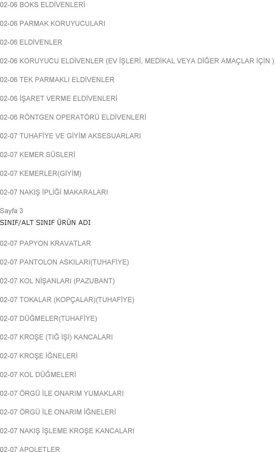 SINIF/ALT SINIF ÜRÜN ADI 02-07 PAPYON KRAVATLAR 02-07 PANTOLON ASKILARI(TUHAFİYE) 02-07 KOL NİŞANLARI (PAZUBANT) 02-07 TOKALAR (KOPÇALAR)(TUHAFİYE) 02-07 DÜĞMELER(TUHAFİYE)