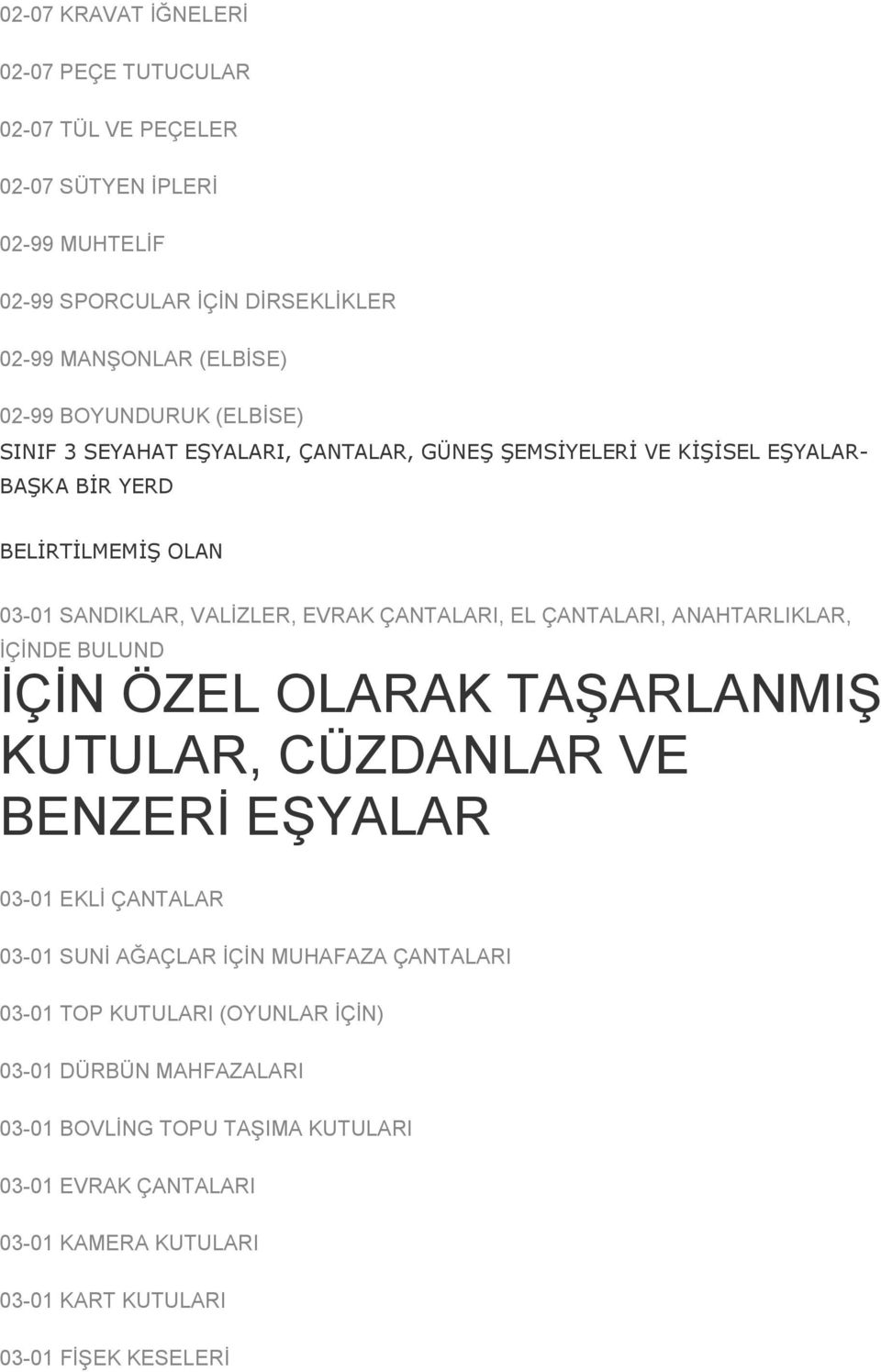 EL ÇANTALARI, ANAHTARLIKLAR, İÇİNDE BULUND İÇİN ÖZEL OLARAK TAŞARLANMIŞ KUTULAR, CÜZDANLAR VE BENZERİ EŞYALAR 03-01 EKLİ ÇANTALAR 03-01 SUNİ AĞAÇLAR İÇİN MUHAFAZA