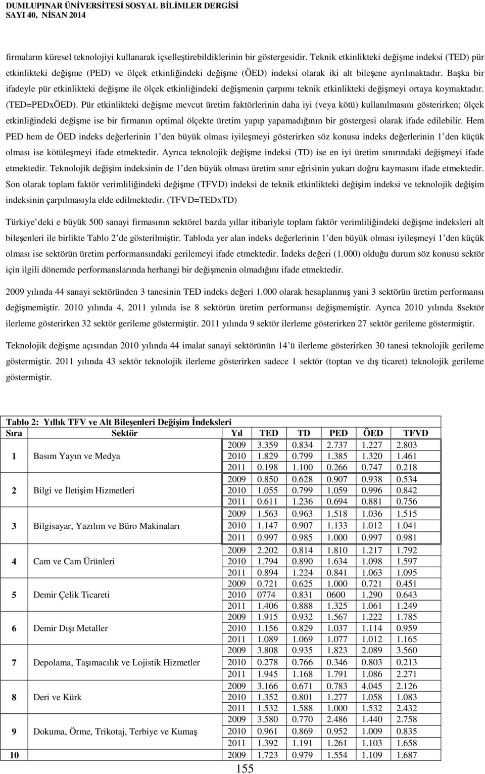 Başka bir ifadeyle pür etkinlikteki değişme ile ölçek etkinliğindeki değişmenin çarpımı teknik etkinlikteki değişmeyi ortaya koymaktadır. (TED=PEDxÖED).