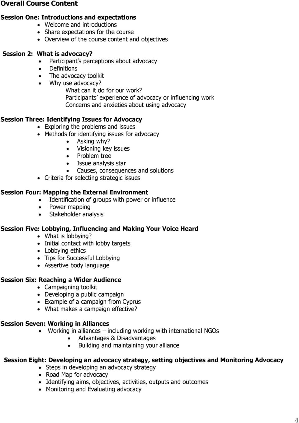 Participants experience of advocacy or influencing work Concerns and anxieties about using advocacy Session Three: Identifying Issues for Advocacy Exploring the problems and issues Methods for