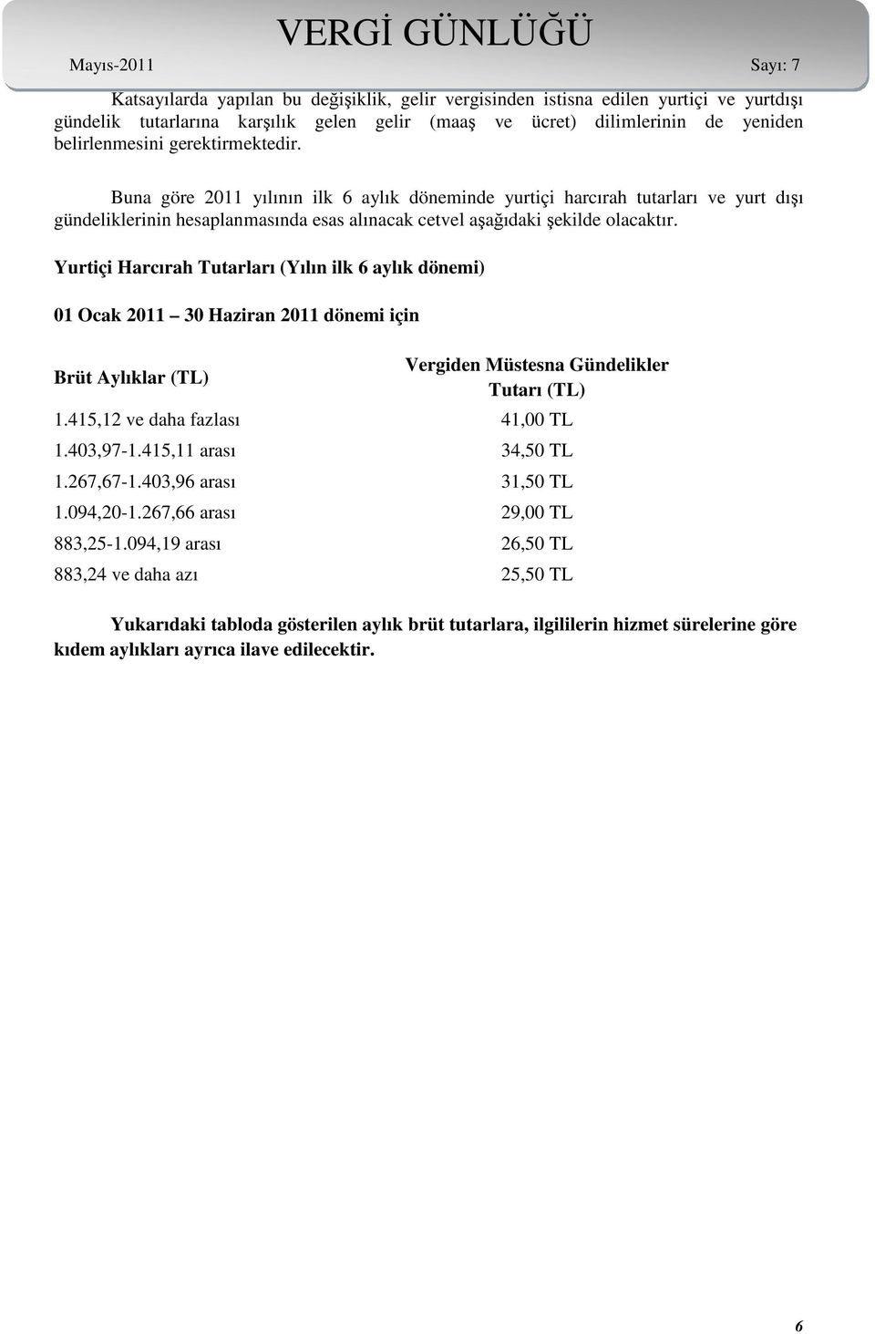 Yurtiçi Harcırah Tutarları (Yılın ilk 6 aylık dönemi) 01 Ocak 2011 30 Haziran 2011 dönemi için Brüt Aylıklar (TL) Vergiden Müstesna Gündelikler Tutarı (TL) 1.415,12 ve daha fazlası 41,00 TL 1.