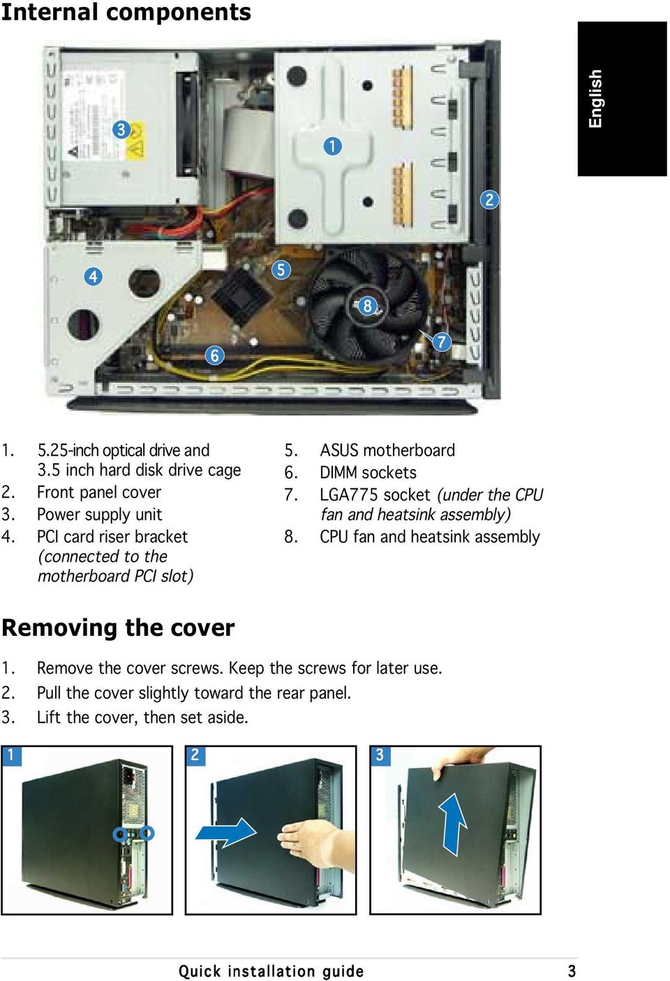 LGA775 socket (under the CPU fan and heatsink assembly) 8. CPU fan and heatsink assembly Removing the cover 1.