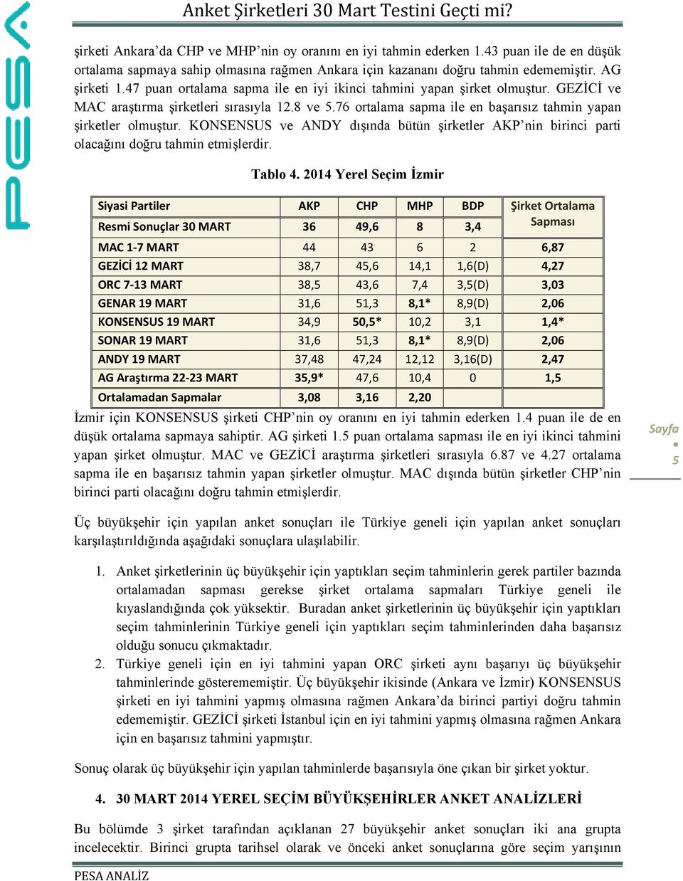 KONSENSUS ve ANDY dışında bütün şirketler AKP nin birinci parti olacağını doğru tahmin etmişlerdir. Tablo 4.