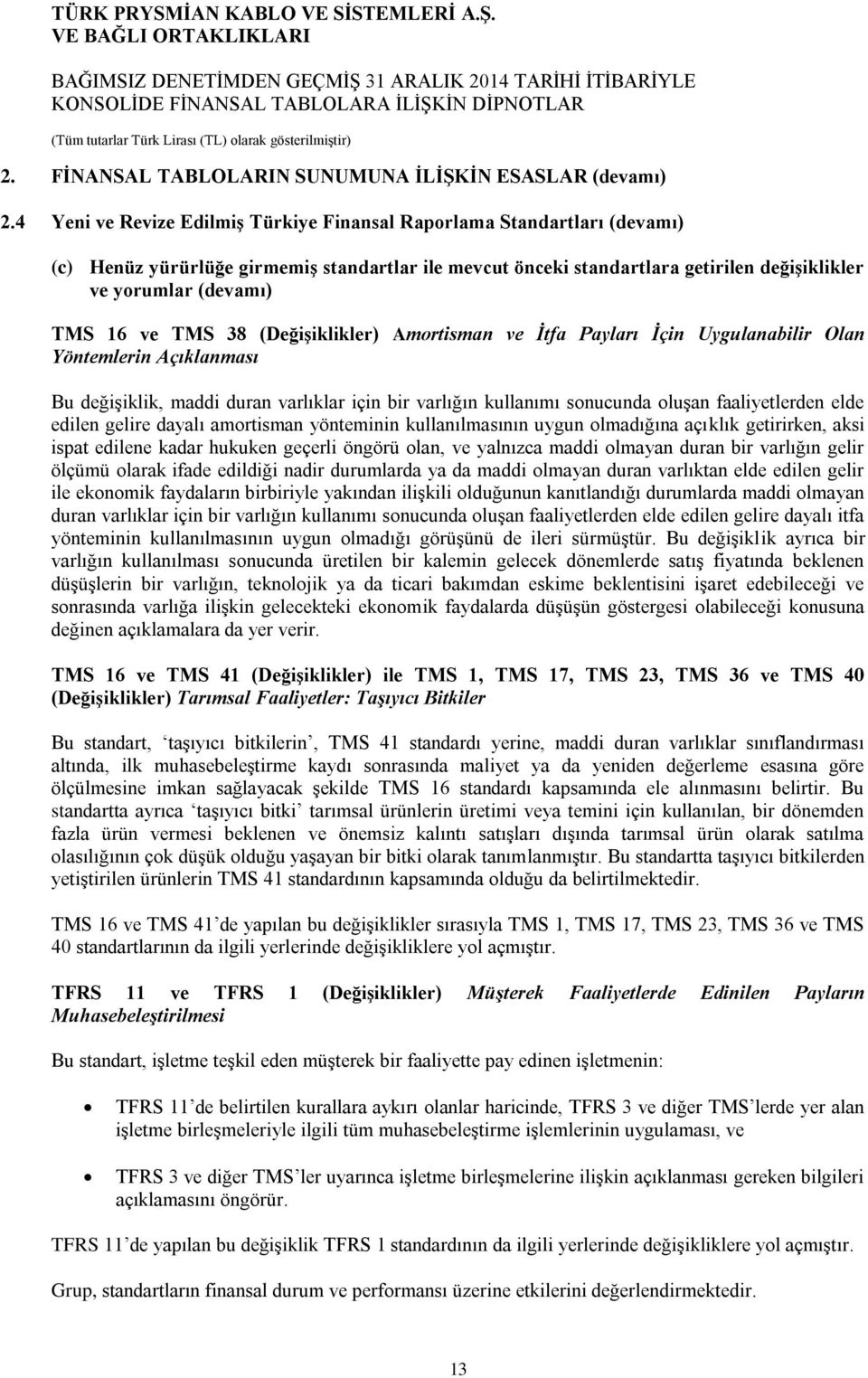 ve TMS 38 (Değişiklikler) Amortisman ve İtfa Payları İçin Uygulanabilir Olan Yöntemlerin Açıklanması Bu değişiklik, maddi duran varlıklar için bir varlığın kullanımı sonucunda oluşan faaliyetlerden