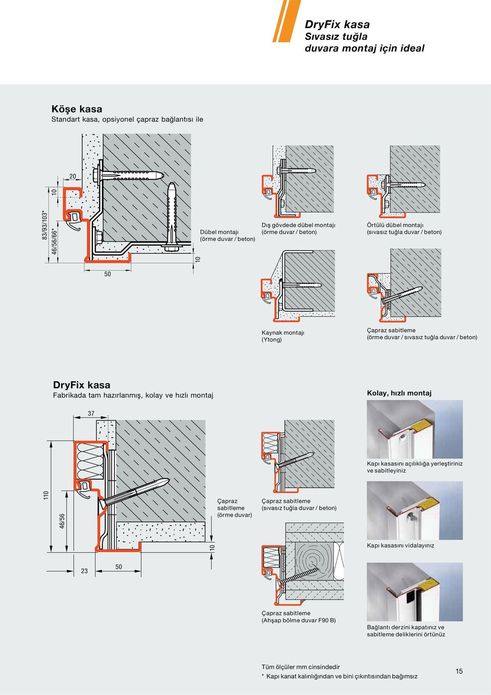 hazırlanmış, kolay ve hızlı montaj Kolay, hızlı montaj 37 Kapı kasasını açılıklığa yerleştiriniz ve sabitleyiniz 110 46/56 Çapraz sabitleme (örme duvar) Çapraz sabitleme (sıvasız tuğla duvar / beton)