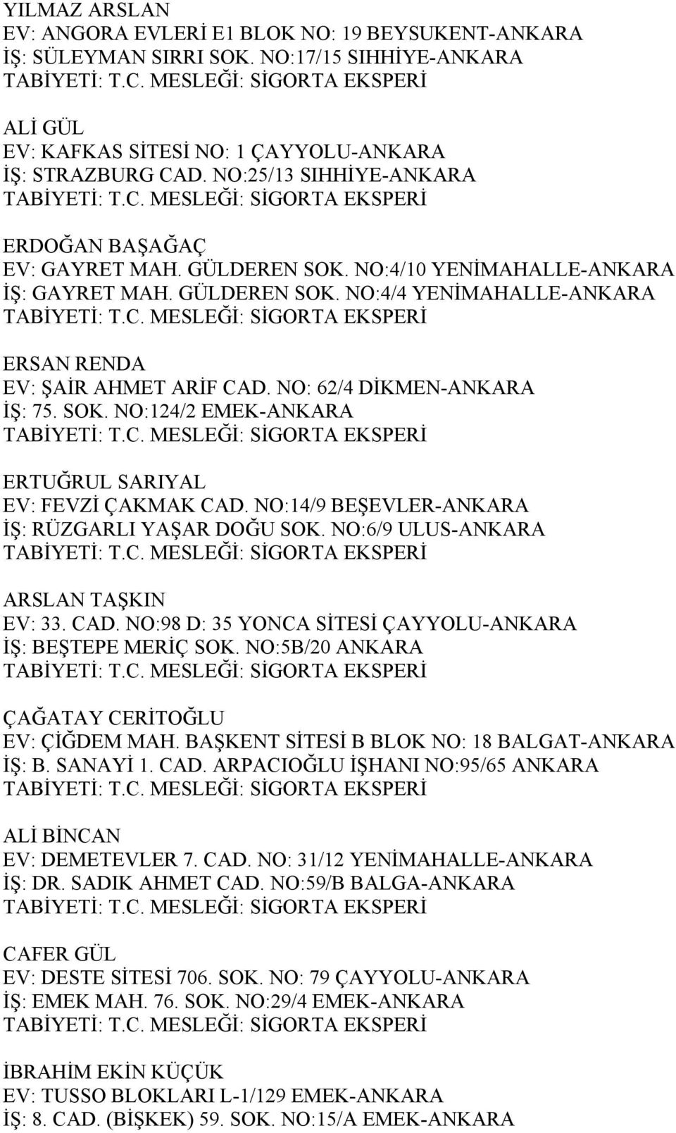 NO: 62/4 DİKMEN-ANKARA İŞ: 75. SOK. NO:124/2 EMEK-ANKARA ERTUĞRUL SARIYAL EV: FEVZİ ÇAKMAK CAD. NO:14/9 BEŞEVLER-ANKARA İŞ: RÜZGARLI YAŞAR DOĞU SOK. NO:6/9 ULUS-ANKARA ARSLAN TAŞKIN EV: 33. CAD. NO:98 D: 35 YONCA SİTESİ ÇAYYOLU-ANKARA İŞ: BEŞTEPE MERİÇ SOK.