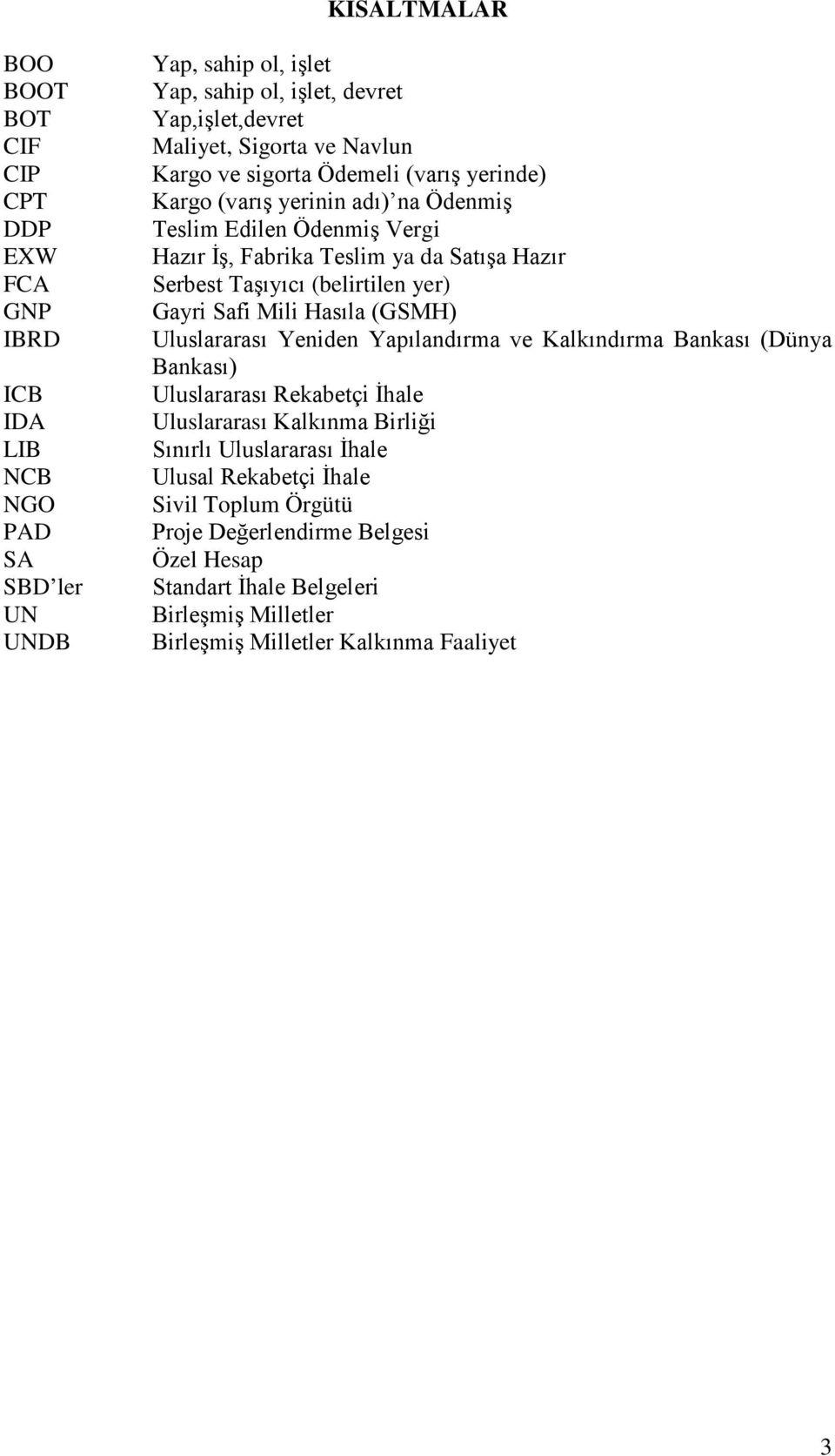 Taşıyıcı (belirtilen yer) Gayri Safi Mili Hasıla (GSMH) Uluslararası Yeniden Yapılandırma ve Kalkındırma Bankası (Dünya Bankası) Uluslararası Rekabetçi İhale Uluslararası Kalkınma