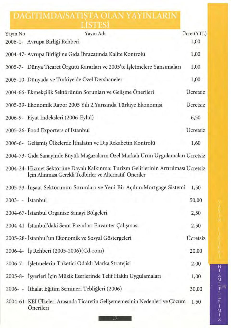 Yarısında Türkiye Ekonomisi Ücretsiz 2006-9- Fiyat İndeksleri (2006-Eylül) 6,50 2005-26- Food Exporters ofistanbul Ücretsiz 2006-6- Gelişmiş Ülkelerde ithalatın ve Dış Rekabetin Kontrolü 1,60