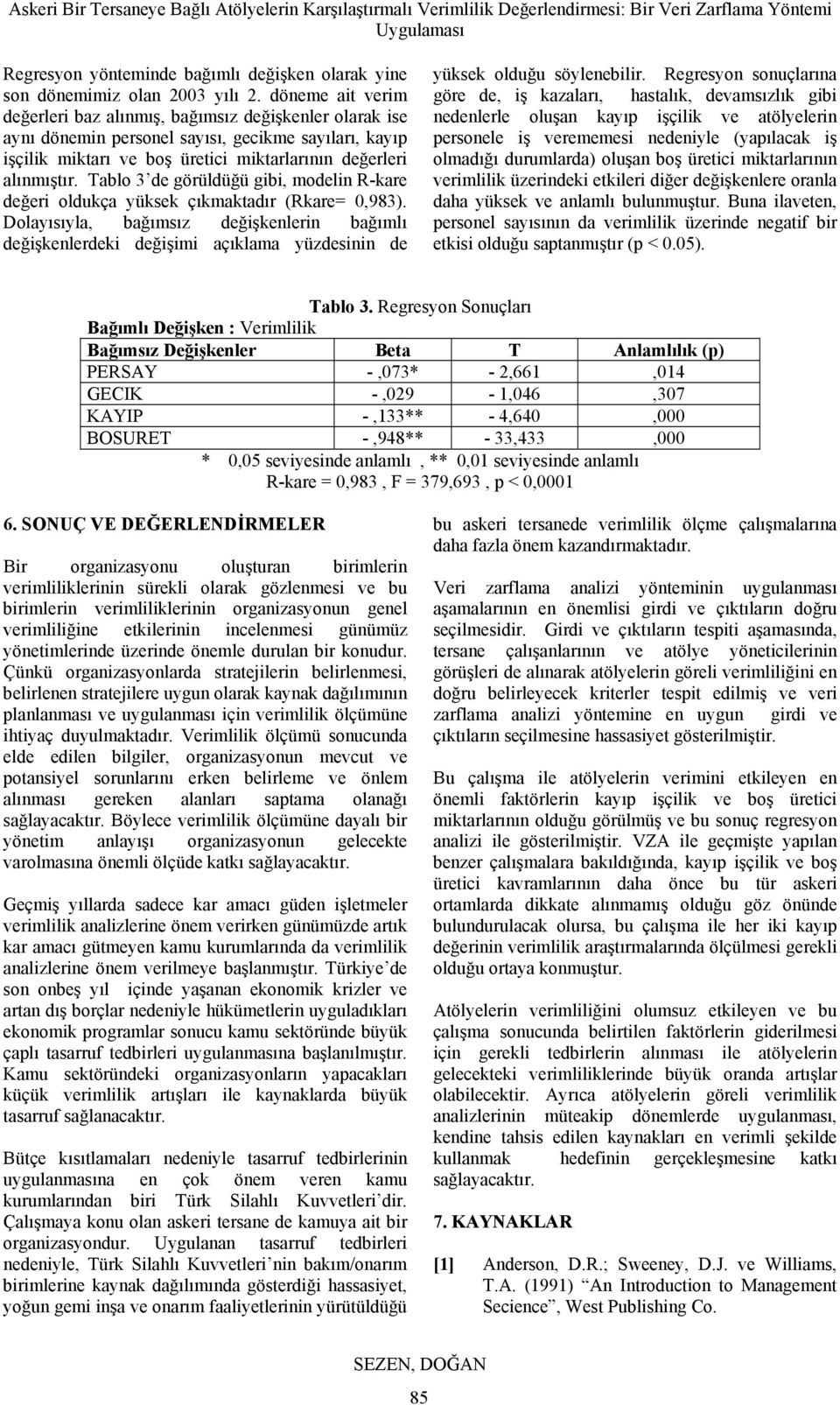 Tablo 3 de görüldüğü gibi, modelin R-kare değeri oldukça yüksek çıkmaktadır (Rkare= 0,983).