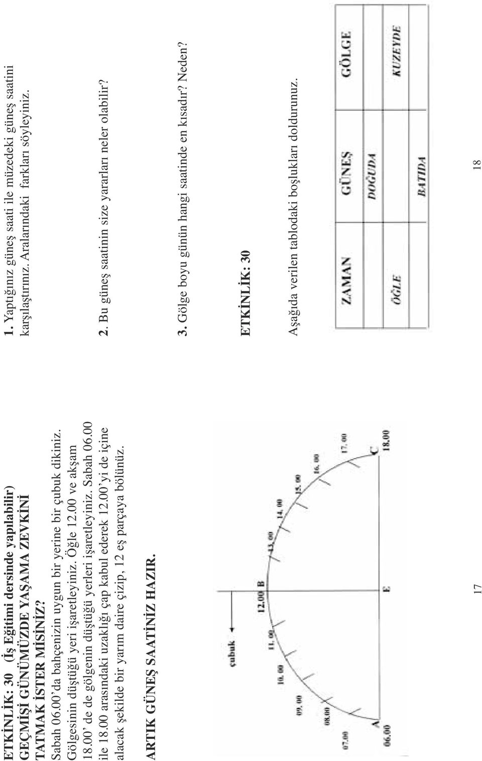 00 yi de içine alacak şekilde bir yarım daire çizip, 12 eş parçaya bölünüz. ARTIK GÜNEŞ SAATİNİZ HAZIR. 17 1. Yaptığınız güneş saati ile müzedeki güneş saatini karşılaştırınız.