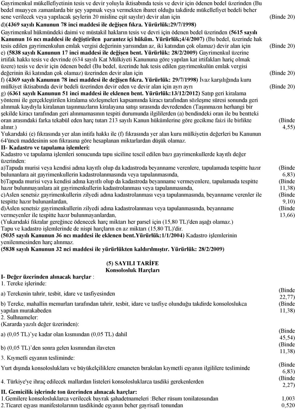 Yürürlük:29/7/1998) Gayrimenkul hükmündeki daimi ve müstakil hakların tesis ve devri için ödenen bedel üzerinden (5615 sayılı Kanunun 16 ncı maddesi ile değiştirilen parantez içi hüküm.