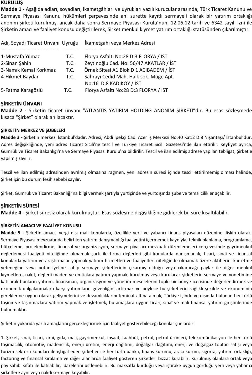 12 tarih ve 6342 sayılı izni ile Şirketin amacı ve faaliyet konusu değiştirilerek, Şirket menkul kıymet yatırım ortaklığı statüsünden çıkarılmıştır.