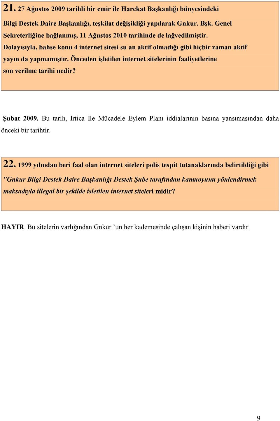 Önceden işletilen internet sitelerinin faaliyetlerine son verilme tarihi nedir? Şubat 2009. Bu tarih, İrtica İle Mücadele Eylem Planı iddialarının basına yansımasından daha önceki bir tarihtir. 22.