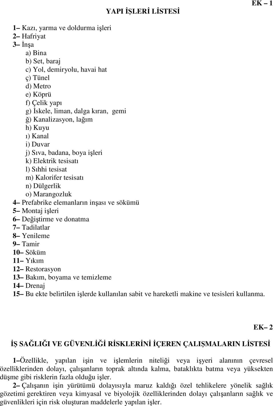 inşası ve sökümü 5 Montaj işleri 6 Değiştirme ve donatma 7 Tadilatlar 8 Yenileme 9 Tamir 10 Söküm 11 Yıkım 12 Restorasyon 13 Bakım, boyama ve temizleme 14 Drenaj 15 Bu ekte belirtilen işlerde