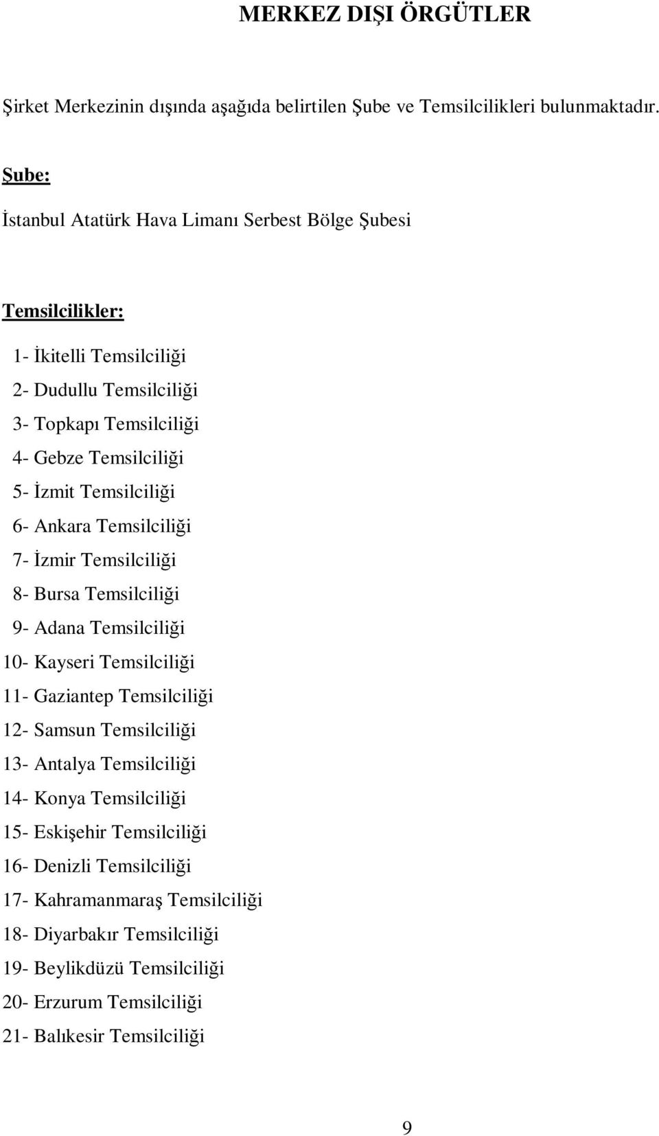 İzmit Temsilciliği 6- Ankara Temsilciliği 7- İzmir Temsilciliği 8- Bursa Temsilciliği 9- Adana Temsilciliği 10- Kayseri Temsilciliği 11- Gaziantep Temsilciliği 12- Samsun