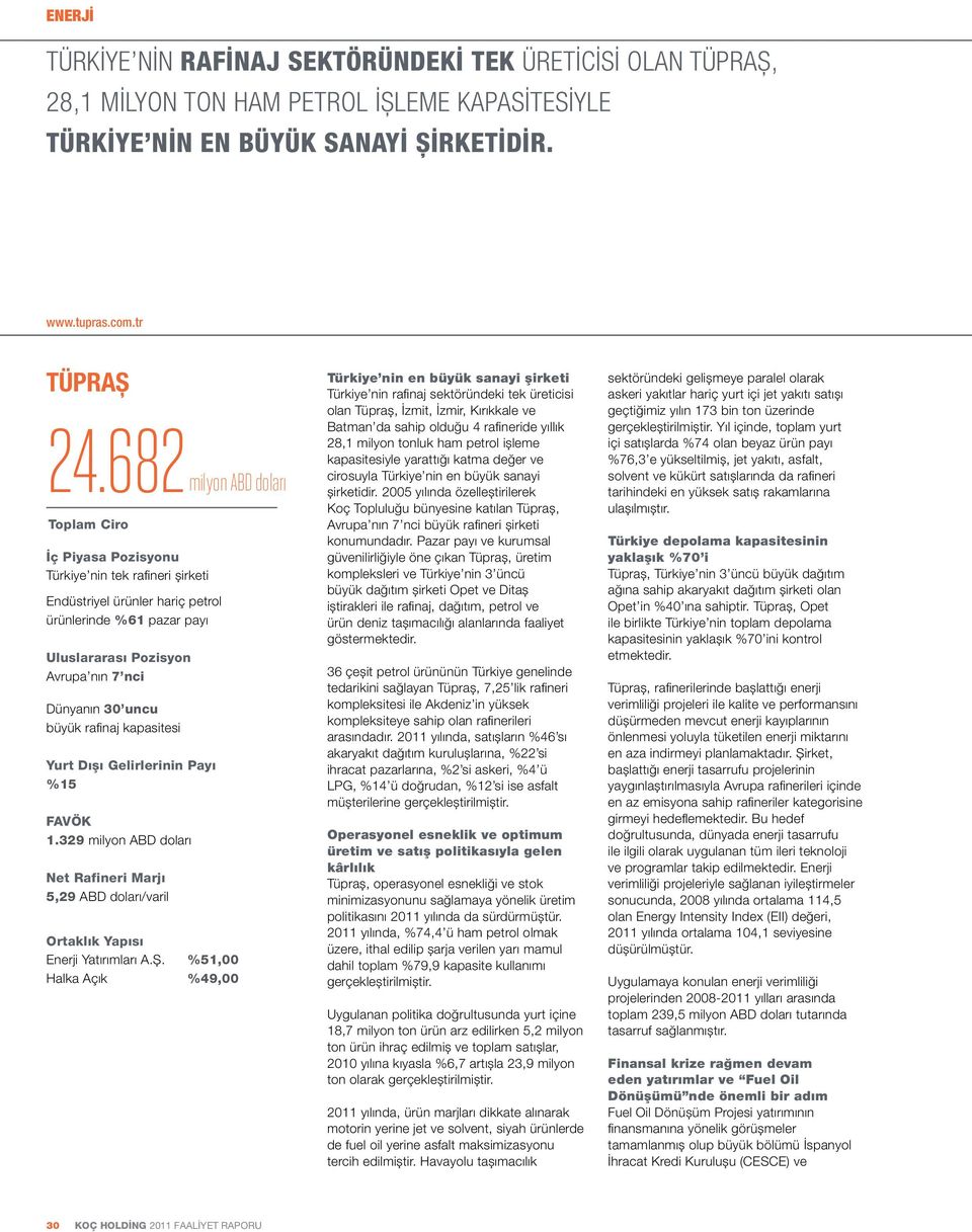 329 Net Rafineri Marjı 5,29 Ortaklık Yapısı %51,00 %49,00 Türkiye nin en büyük sanayi şirketi Operasyonel esneklik ve optimum üretim ve satış politikasıyla gelen