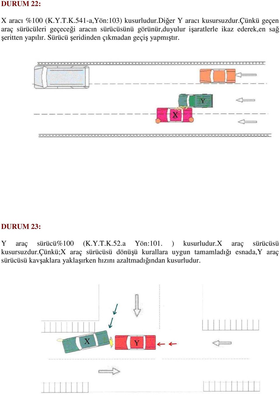 Sürücü şeridinden çıkmadan geçiş yapmıştır. DURUM 23: Y araç sürücü%100 (K.Y.T.K.52.a Yön:101. ) kusurludur.