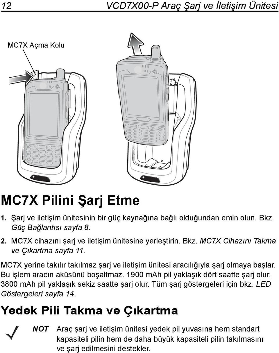 Bu işlem aracın aküsünü boşaltmaz. 1900 mah pil yaklaşık dört saatte şarj olur. 3800 mah pil yaklaşık sekiz saatte şarj olur. Tüm şarj göstergeleri için bkz. LED Göstergeleri sayfa 14.