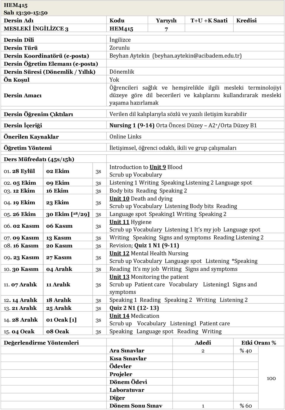 05 Ekim 09 Ekim 3s Listening 1 Writing Speaking Listening 2 Language spot 03. 12 Ekim 16 Ekim 3s Body bits Reading Speaking 2 04.