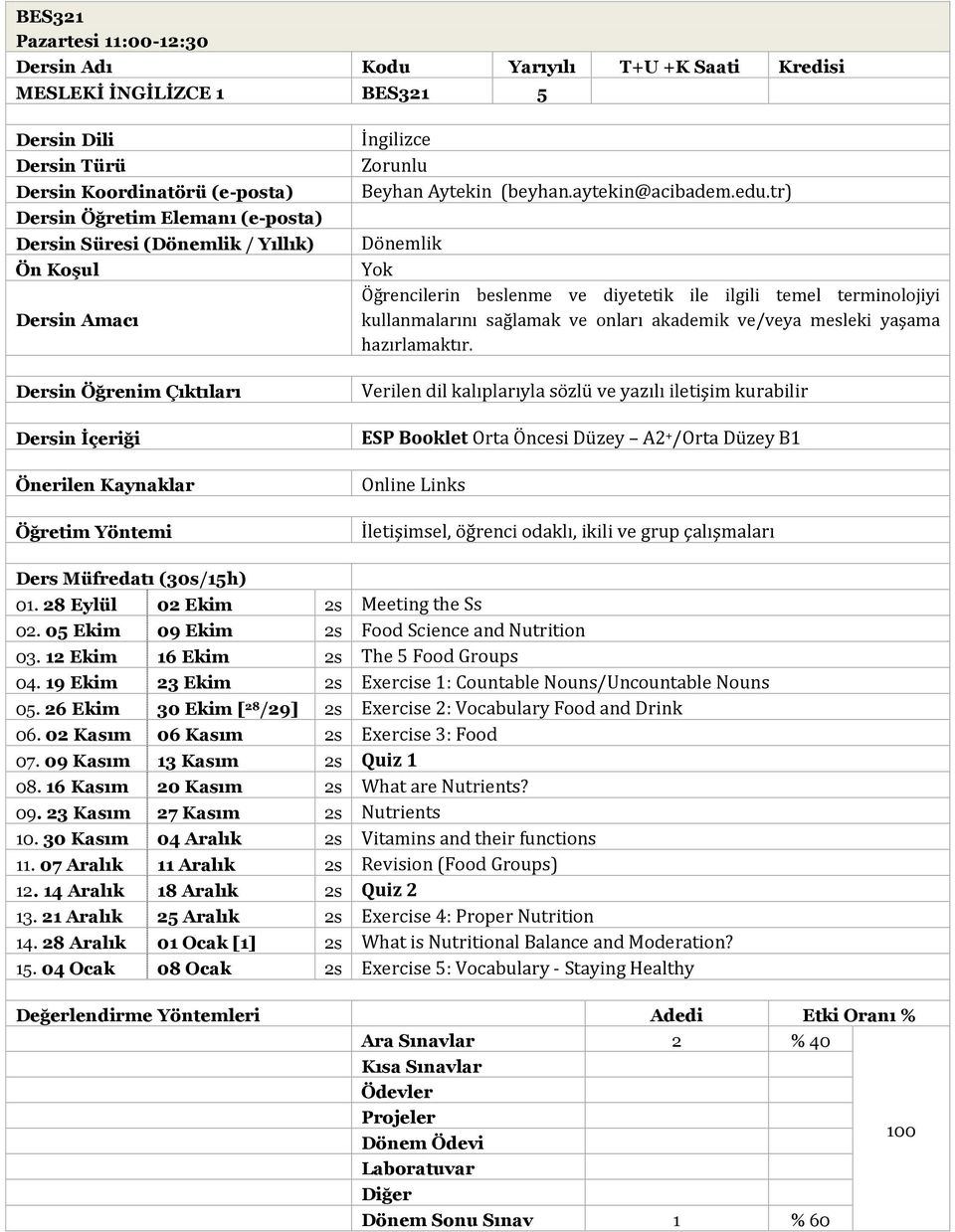 05 Ekim 09 Ekim 2s Food Science and Nutrition 03. 12 Ekim 16 Ekim 2s The 5 Food Groups 04. 19 Ekim 23 Ekim 2s Exercise 1: Countable Nouns/Uncountable Nouns 05.