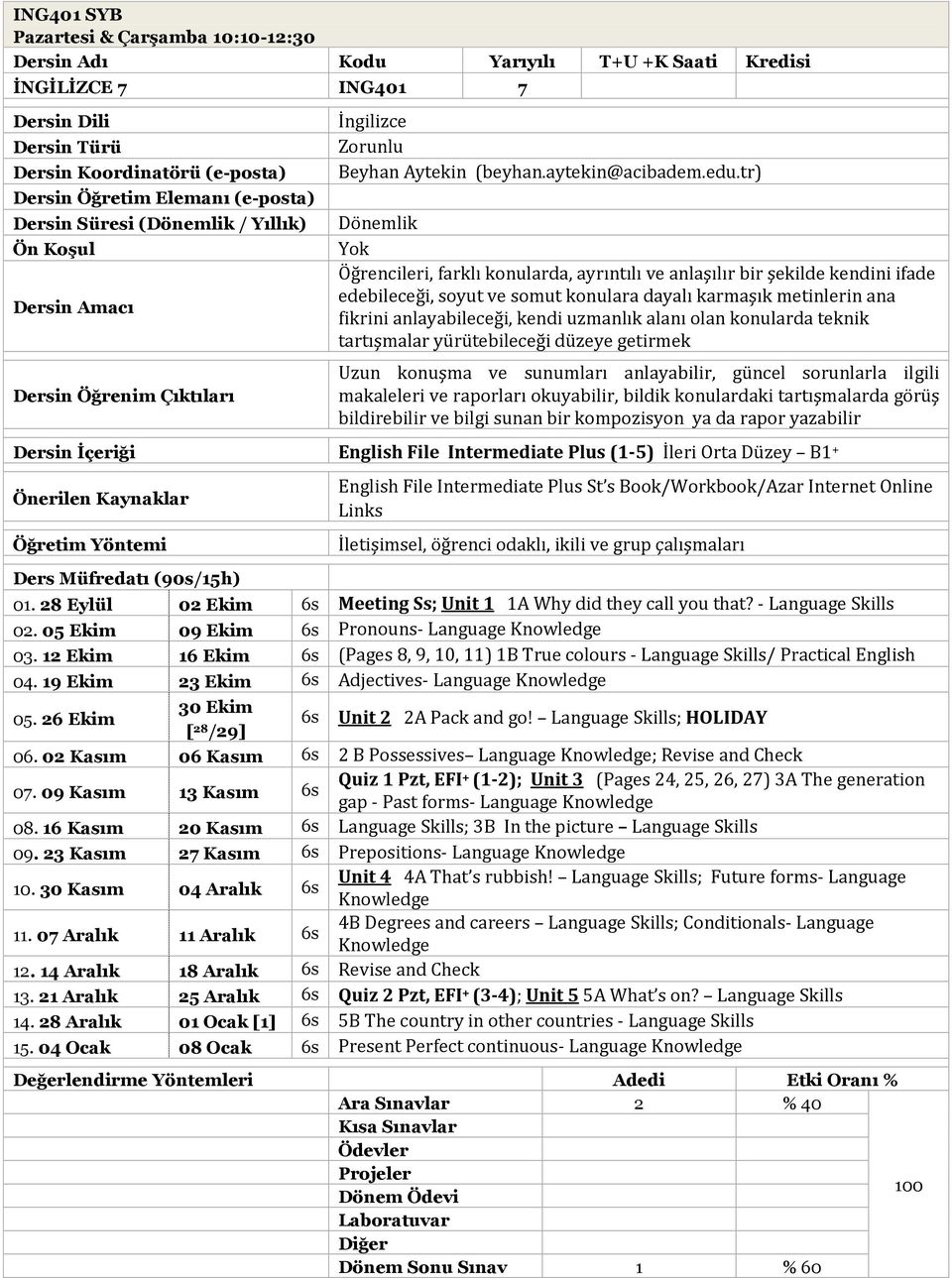 sorunlarla ilgili makaleleri ve raporları okuyabilir, bildik konulardaki tartışmalarda görüş bildirebilir ve bilgi sunan bir kompozisyon ya da rapor yazabilir English File Intermediate Plus (1-5)